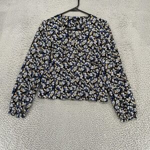 Uniqlo Blouse Womens Small Black Floral Button Front Babydoll Office Work Top